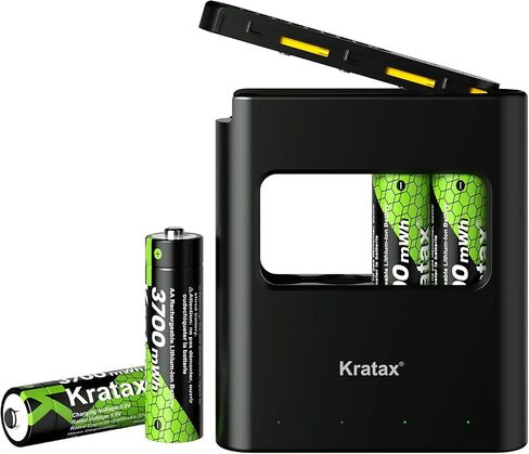 Kratax 3700mWh AA بطاريات ليثيوم قابلة للشحن مع شاحن، 4 عبوات عالية السعة بطاريات ليثيوم أيون مزدوجة 1.5 فولت، طويلة الأمد، شاحن بطاقة مع بطارية ليثيوم AA قابلة للشحن للكاميرات الخارجية in Kuwait
