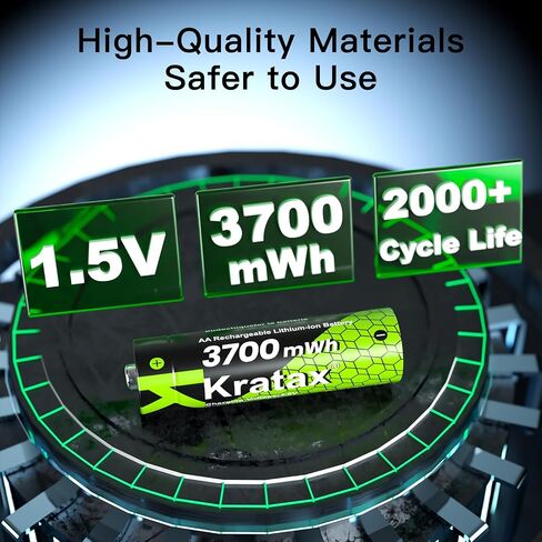 Kratax 3700mWh AA بطاريات ليثيوم قابلة للشحن مع شاحن، 4 عبوات عالية السعة بطاريات ليثيوم أيون مزدوجة 1.5 فولت، طويلة الأمد، شاحن بطاقة مع بطارية ليثيوم AA قابلة للشحن للكاميرات الخارجية in Kuwait