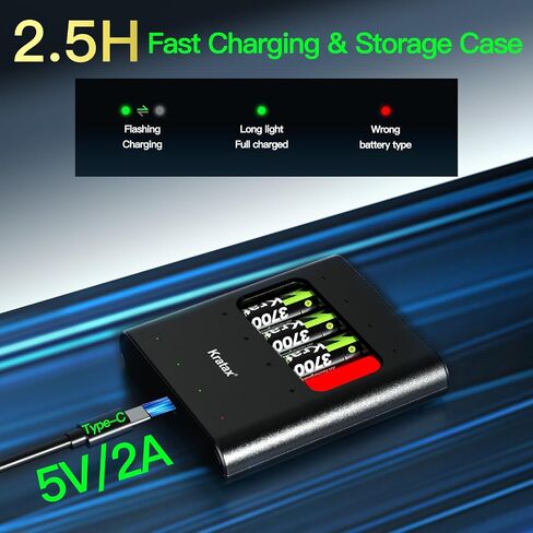 Kratax 3700mWh AA بطاريات ليثيوم قابلة للشحن مع شاحن، 4 عبوات عالية السعة بطاريات ليثيوم أيون مزدوجة 1.5 فولت، طويلة الأمد، شاحن بطاقة مع بطارية ليثيوم AA قابلة للشحن للكاميرات الخارجية in Kuwait