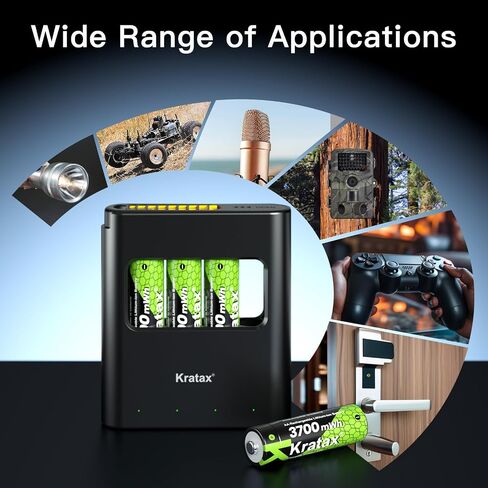Kratax 3700mWh AA بطاريات ليثيوم قابلة للشحن مع شاحن، 4 عبوات عالية السعة بطاريات ليثيوم أيون مزدوجة 1.5 فولت، طويلة الأمد، شاحن بطاقة مع بطارية ليثيوم AA قابلة للشحن للكاميرات الخارجية in Kuwait