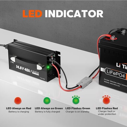 LiTime 14.6V 40A Lithium Battery Charger, Mountable for 12V LiFePO4 Battery with Handle and LED Indicator, AC-DC Smart Charger for 12.8V LiFePO4 Batteries, 40A Fast Charging for RVs, Home in Saudi Arabia