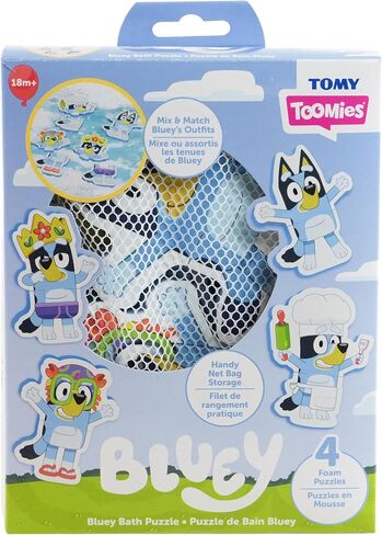 Tomy Toomies Bluey Bath Puzzle - Mix and Match Bluey Puzzle - Foam Toddler Bath Toys - Includes Mesh Bag Bath Toy Storage with Suction Cups - 8 Count - 18 Months and Up in Saudi Arabia