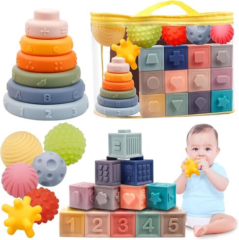 4-in-1 Montessori Sensory Baby Blocks 18M+ , Stacking Ring, Pull String | Food-grade Silicone, BPA-free, Soft Blocks, Textured Pull Cords, Teething & Travel Play, Color & Shape Recognition, Washable in Saudi Arabia