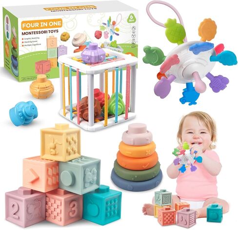 4-in-1 Montessori Sensory Baby Blocks 18M+ , Stacking Ring, Pull String | Food-grade Silicone, BPA-free, Soft Blocks, Textured Pull Cords, Teething & Travel Play, Color & Shape Recognition, Washable in Kuwait