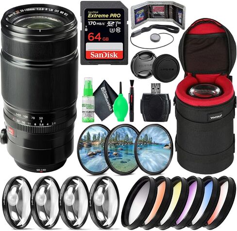 عدسة FUJIFILM XF 50-140mm f/2.8 R LM OIS WR مع حزمة علبة العدسة | للصور الشخصية والسفر والتصوير الإبداعي | تتضمن بطاقة ذاكرة سعة 64 جيجابايت ومجموعة أدوات التنظيف (16443060) in Kuwait