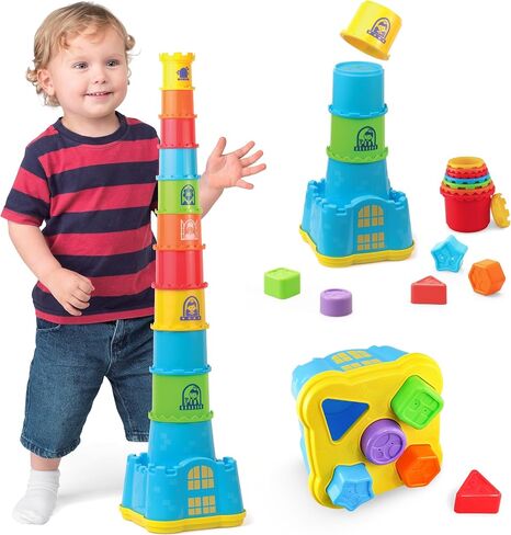 HAP-P-KID Toddler Baby Castle Stacking Nesting Cups, Infant Shape Sorting Blocks, Stack and Nest Sand Bath Stacker, Birthday Baby Gifts for 12 13 14 15 16 18 24 Months, 1 2 3 4 Year Old in Saudi Arabia