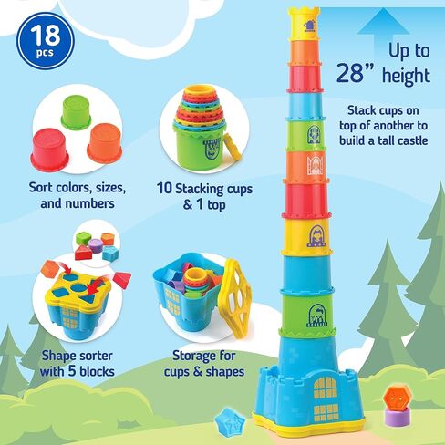 HAP-P-KID Toddler Baby Castle Stacking Nesting Cups, Infant Shape Sorting Blocks, Stack and Nest Sand Bath Stacker, Birthday Baby Gifts for 12 13 14 15 16 18 24 Months, 1 2 3 4 Year Old in Saudi Arabia