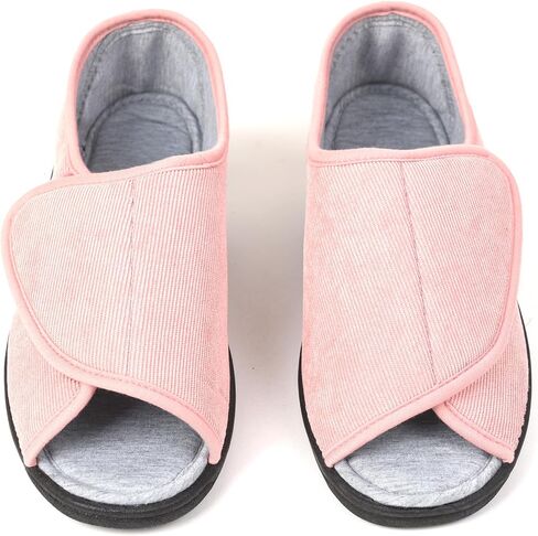Open Toe Woman Diabetic Slippers, Memory Foam, Adjustable Closure, Orthopedic Walking Slippers for Indoor and Outdoor Wide Pink in Saudi Arabia