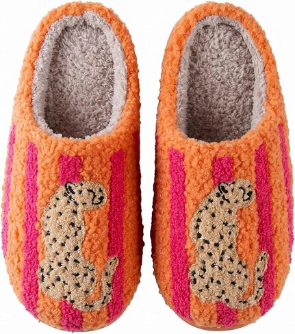 Fuzzy Leopard Print House Slippers for Women, Cozy Striped Warm Indoor Slippers, Soft Memory Foam Closed Toe Non-Slip Slippers for Home Bedroom in Kuwait