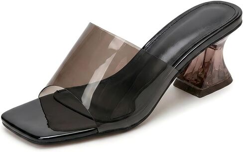 Women's Clear PVC Chunky Heel Dress Slide Sandals Fashion Square-Toe Wide Band Slip-On Comfortable insole Anti-Slip Transparent Block Heel Jelly Mule Sandals for Party Prom Daily Casual Wear in Kuwait