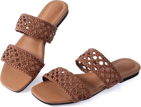 Mtzyoa Women Flat Sandals Summer Hollow Braided Double Strap Beach Slides Vacation Bohemian Breathable Casual Dressy Square Toe for Everyday Essentials in Kuwait