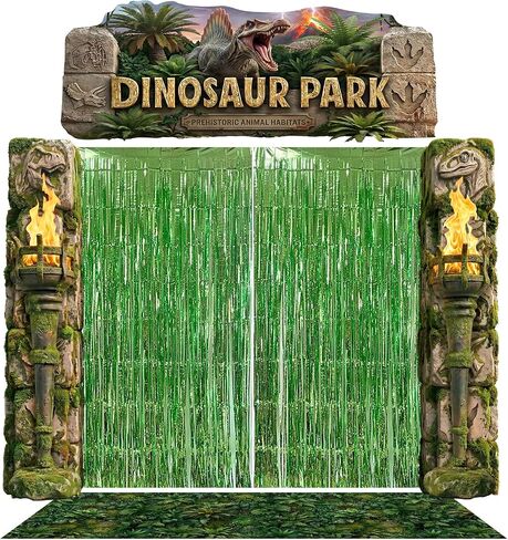 Dinosaur Park Party Decor Dino Birthday Porch Banner for Jungle Safari | 7pcs,with dino park porch banner,foil fringe backdrop,rainforest plants carpet,dinosaur park top banner,kids dino party decor in Saudi Arabia