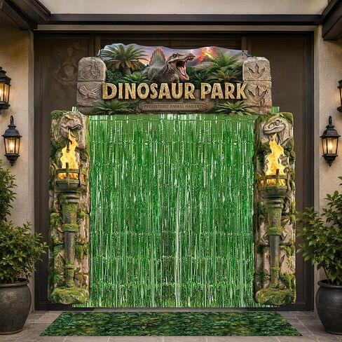 Dinosaur Park Party Decor Dino Birthday Porch Banner for Jungle Safari | 7pcs,with dino park porch banner,foil fringe backdrop,rainforest plants carpet,dinosaur park top banner,kids dino party decor in Saudi Arabia