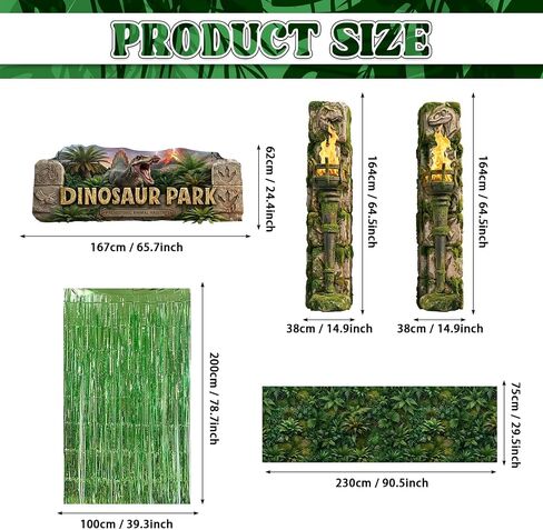 Dinosaur Park Party Decor Dino Birthday Porch Banner for Jungle Safari | 7pcs,with dino park porch banner,foil fringe backdrop,rainforest plants carpet,dinosaur park top banner,kids dino party decor in Saudi Arabia