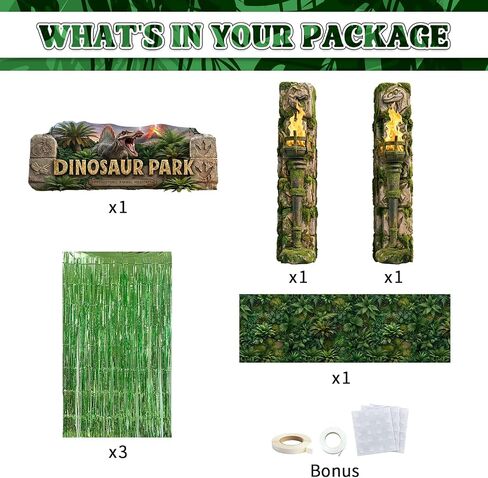 Dinosaur Park Party Decor Dino Birthday Porch Banner for Jungle Safari | 7pcs,with dino park porch banner,foil fringe backdrop,rainforest plants carpet,dinosaur park top banner,kids dino party decor in Saudi Arabia