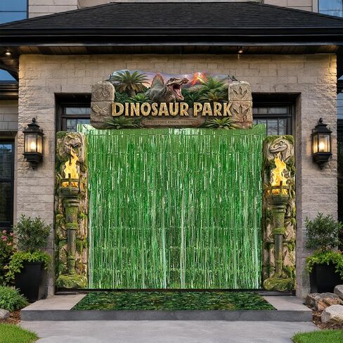 Dinosaur Park Party Decor Dino Birthday Porch Banner for Jungle Safari | 7pcs,with dino park porch banner,foil fringe backdrop,rainforest plants carpet,dinosaur park top banner,kids dino party decor in Saudi Arabia