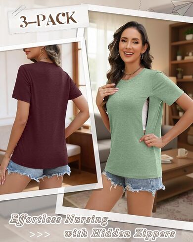 3 Pack Women's Nursing Shirts, 3-Color, Medium | Breastfeeding Zippers, Loose Fit, Short Sleeve, Maternity Tops, Pregnancy Clothes, Nursing, Hospital, Daily Wear in Saudi Arabia