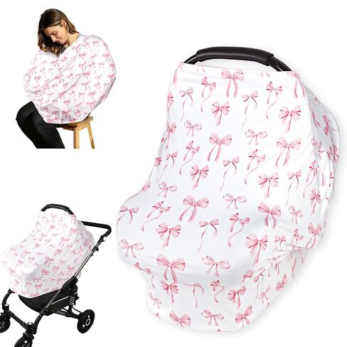 Car Seat Cover for Baby Girls Pink Bow, Multi Use Car Seat Cover Used for Breastfeeding, Strollers, High Chairs, and Shopping carts, Soft and Breathable Baby Car Seat Canopy in Saudi Arabia