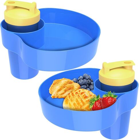 Car Seat Snack Tray for Kids: Kids Car Travel Tray with Cup Holder, Toddlers Road Trip Essential, Snacks Food Plate for Stroller, SnackTray with a Cup Holder (2, blue) in Saudi Arabia