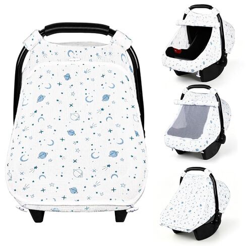 Muslin Car Seat Cover Baby, Breathable Baby Carseat Cover for Girls Boys, Lightweight Infant Car Seat Cover, Universal Stroller Cover for Sunshade, Baby Essentials for Outdoor in Summer, Blue Planet in Saudi Arabia