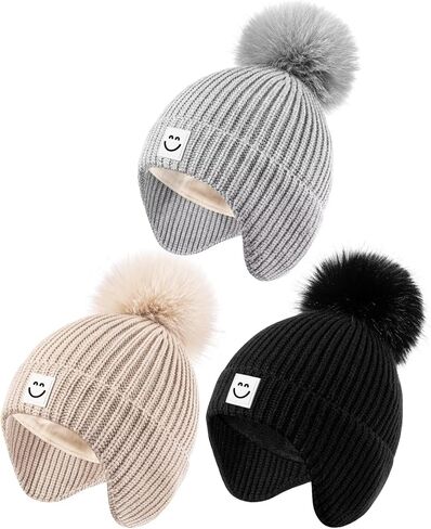 3 Pack Baby Winter Hats with Earflaps, 2 Size Kids Pompom Beanie for Toddler Children, Smiley Face Hat for Girls Boys in Saudi Arabia