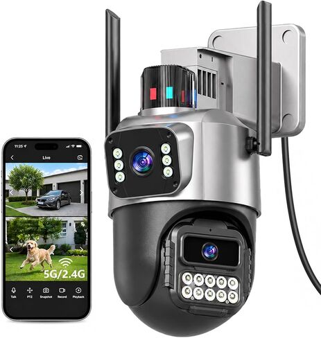 Outdoor Camera, Dual Lens PTZ 6MP Security Camera Outdoor, 6X Digital Zoom, Auto Tracking, Color Night Vision, 5G/2.4G Dual-Band WiFi, Plug-in Power, 2-Way Audio, IP66 Waterproof in Saudi Arabia