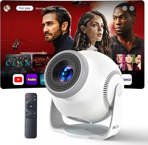 Smart Mini Projector with WiFi 6 and Bluetooth 5.4, White | Android 14 OS, Built-in Apps, 270° Rotation, Support 1080P 4K, Portable Projector for Home Theater, Bedroom, Outdoor Movies in Saudi Arabia