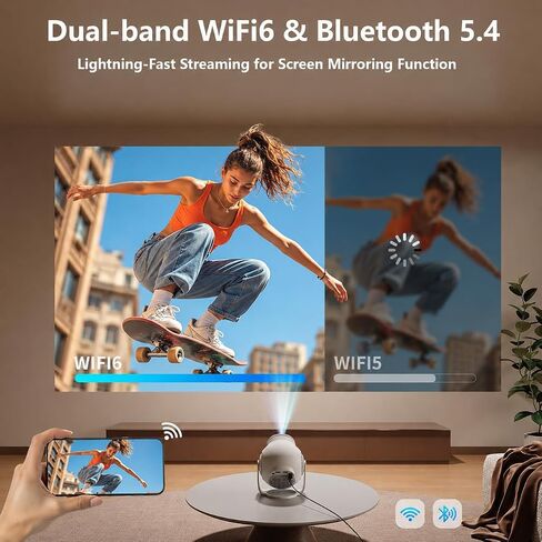 Smart Mini Projector with WiFi 6 and Bluetooth 5.4, White | Android 14 OS, Built-in Apps, 270° Rotation, Support 1080P 4K, Portable Projector for Home Theater, Bedroom, Outdoor Movies in Saudi Arabia