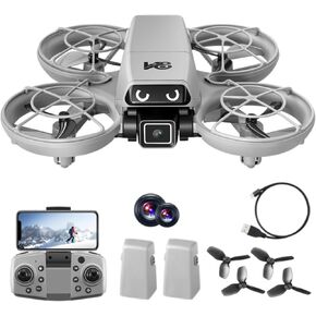 Mini RC Drone with Cameras, Propeller Guard, FPV & Altitude for Kids 8-12 | 2 batteries, 4-side obstacle avoidance, optical flow, bright light eyes, one-key takeoff, 3D flips for beginners (Gray-White) in Saudi Arabia