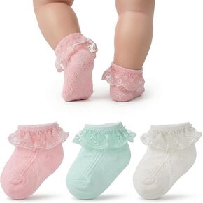 Amaxiu Baby Girls Ruffle Socks, Infant Lace Frilly Socks for Newborn Toddler Soft Cotton Crew Socks with Turn Cuff 0-6 6-12 Months Beige, Pink,Green in Kuwait