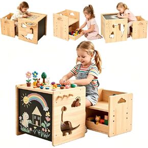 Montessori Weaning Table and Chair Set for Toddlers Age 1-3,with Blackboard | Flip Stool to Adjust Height,Storage Hooks,Puzzle Storage Boards, Natural Wood,CPC Certification,for Dining,Painting,Reading in Kuwait