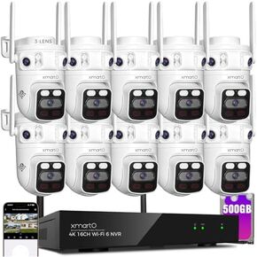xmartO 16CH 10Pcs 6MP Tri-Lens PTZ Security Camera System, 16CH 4K WiFi 6 Mesh NVR with 500GB NVR, 3-View/Cam, Long Range Wireless, Plug-in 24/7 Home Surveillance, AI Detection, No Monthly Fees in Saudi Arabia