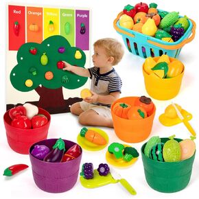 Play Food Set for Kids with Color Sorting Buckets &Felt Tree Mat | Pretend Food Play Kitchen Accessories with Cutting Fruit and Veggie Toy, Preschool Activities Gift for 3-8 Boys Girls in Kuwait