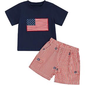 Toddler Boy 4th of July Outfit American Flag Printed Short Sleeve Casual T-Shirt Shorts with Side Pockets 2 Pcs Set in Saudi Arabia