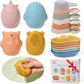 Baby Bath Toys 9PCS Mold Free Bath Toys for Babies 6-12 Months Bathtub Water Toys with Easy Clean Silicone Bath Toy for Kids Ages 1-3 Safe Bath Boats, Baby Shower Birthday Gifts for Babies & Infant in Saudi Arabia