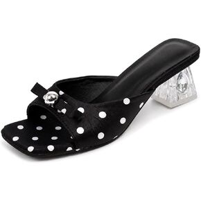 Women's Polka Dot Bow Clear Block Heel Sandals Square Open Toe Mules | Fashion Polka Dot Bow Slip On Chunky Heel Slide Sandals for Wedding Party Evening Summer Vacation in Saudi Arabia