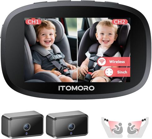 Itomoro Wireless Dual Baby Car Camera for 2 Kids, 5'' Rechargeable Split Screen HD Display with 2 Cameras, Car Monitor for Baby Max Range 1000FT, IR Night Vision, 360° Rotatable Rear Facing Mirrors in Saudi Arabia
