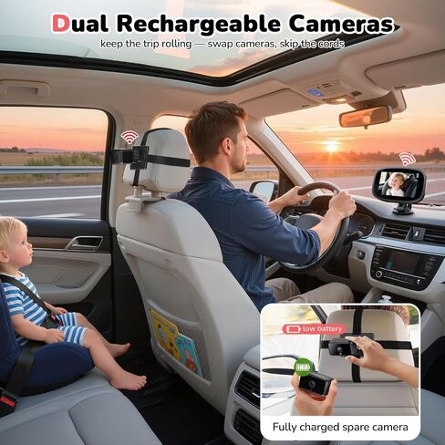 Itomoro Wireless Dual Baby Car Camera for 2 Kids, 5'' Rechargeable Split Screen HD Display with 2 Cameras, Car Monitor for Baby Max Range 1000FT, IR Night Vision, 360° Rotatable Rear Facing Mirrors in Saudi Arabia