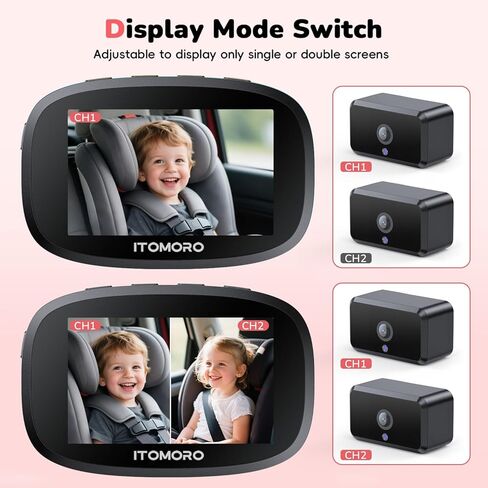 Itomoro Wireless Dual Baby Car Camera for 2 Kids, 5'' Rechargeable Split Screen HD Display with 2 Cameras, Car Monitor for Baby Max Range 1000FT, IR Night Vision, 360° Rotatable Rear Facing Mirrors in Saudi Arabia