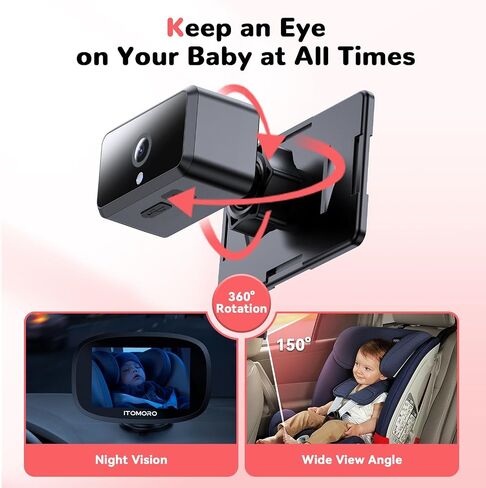 Itomoro Wireless Dual Baby Car Camera for 2 Kids, 5'' Rechargeable Split Screen HD Display with 2 Cameras, Car Monitor for Baby Max Range 1000FT, IR Night Vision, 360° Rotatable Rear Facing Mirrors in Saudi Arabia