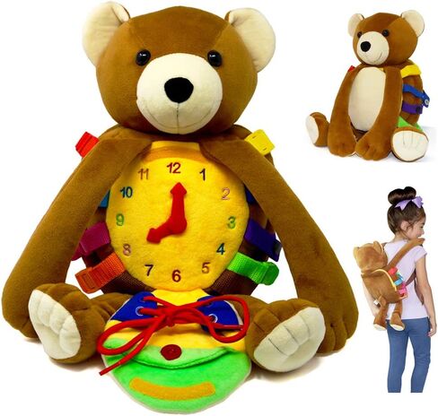 Buckle Toys, Billy Bear Backpack, Measures 18 x 7 Inches, Sensory Travel | Montessori Toddler Backpack, Buckles & Learning Activities, Busy Board Stuffed Animal for Fine Motor Skills in Kuwait
