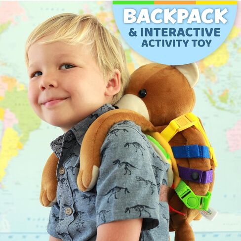 Buckle Toys, Billy Bear Backpack, Measures 18 x 7 Inches, Sensory Travel | Montessori Toddler Backpack, Buckles & Learning Activities, Busy Board Stuffed Animal for Fine Motor Skills in Kuwait