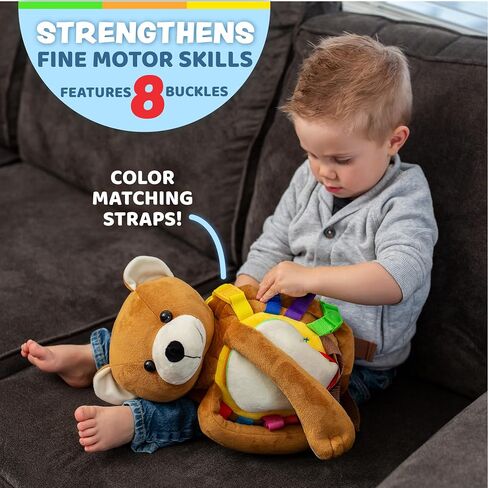Buckle Toys, Billy Bear Backpack, Measures 18 x 7 Inches, Sensory Travel | Montessori Toddler Backpack, Buckles & Learning Activities, Busy Board Stuffed Animal for Fine Motor Skills in Kuwait