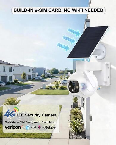 4G LTE Cellular Security Camera, No WiFi Needed, Solar Powered with Built-in eSIM, 2K Pan Tilt, PIR Motion Detection & Auto Tracking, Color Night Vision for Farm, Ranch, Barn & RV in Kuwait