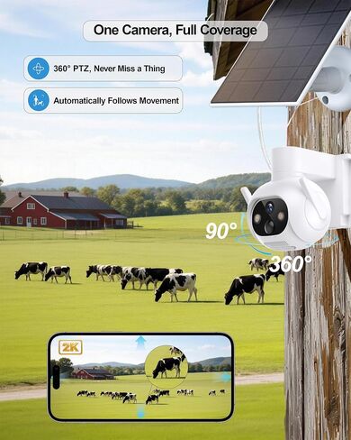 4G LTE Cellular Security Camera, No WiFi Needed, Solar Powered with Built-in eSIM, 2K Pan Tilt, PIR Motion Detection & Auto Tracking, Color Night Vision for Farm, Ranch, Barn & RV in Kuwait