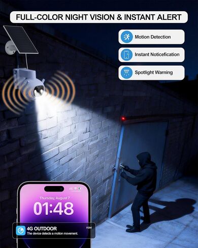 4G LTE Cellular Security Camera, No WiFi Needed, Solar Powered with Built-in eSIM, 2K Pan Tilt, PIR Motion Detection & Auto Tracking, Color Night Vision for Farm, Ranch, Barn & RV in Kuwait