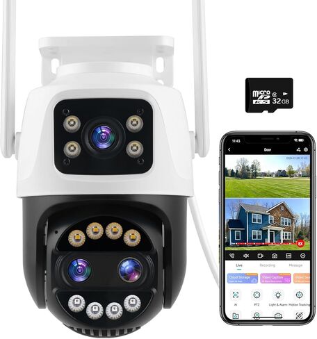 PTZ Outdoor Indoor Camera Wired 3 Lens, 32GB Local Storage, 8X Hybrid Zoom | WiFi Home Cameras 24/7 Recording, Pan/Tilt 360°View Auto Tracking, Free AI Detection, Color Night Vision, 2 Way Talk in Saudi Arabia