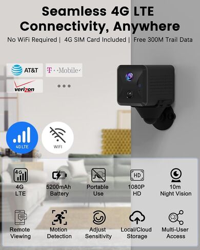 No WiFi Security Camera, 4G LTE Cellular Security Camera with SIM Card | 5200mAh Larger Battery Capacity, HD Portable Car Camera 4G, 160° Wide View, AI Motion Detection, No Red Glow Night Vision in Kuwait