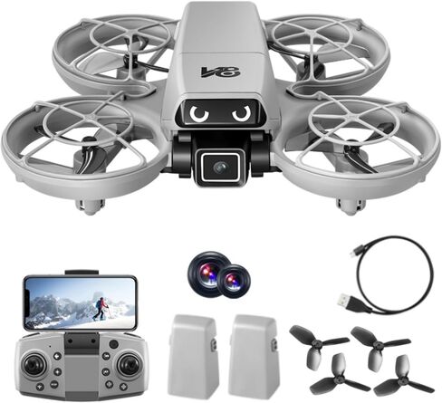Mini RC Drone with Cameras, Propeller Guard, FPV & Altitude for Kids 8-12 | 2 batteries, 4-side obstacle avoidance, optical flow, bright light eyes, one-key takeoff, 3D flips for beginners (Gray-White) in Saudi Arabia