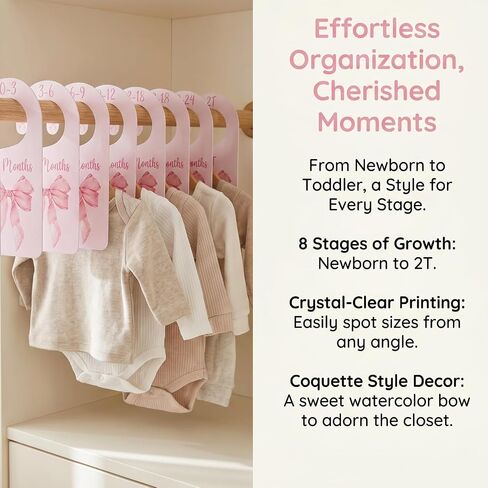 8 Pcs Pink Bow Closet Dividers for Baby Clothes Nursery Organizer | Pink Bow Design, Sturdy Paperboard, Double-Sided, Newborn to 24 Months, Nursery Closet, Easy Install in Saudi Arabia